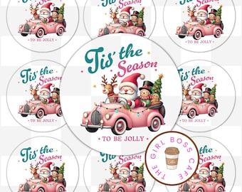 May include: A set of 8 round Christmas gift tags featuring a pink car with Santa Claus, a reindeer, and a snowman. The car has lights and the text "Tis' the Season" and "To Be Jolly" on the tags.