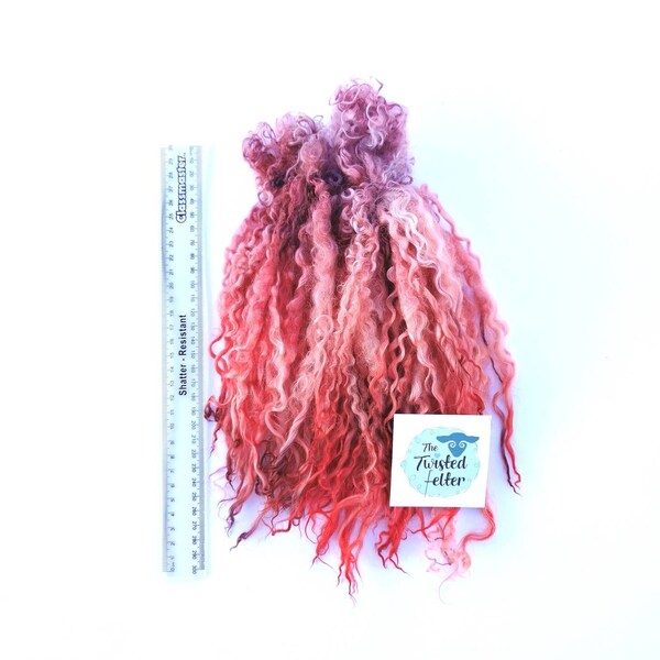 Curly Teeswater Locks, Coral red, purple, long locks,hand dyed, wool,fiber, wet felting, dolls hair,lustre locks,28-32cm 9"-10", 10g