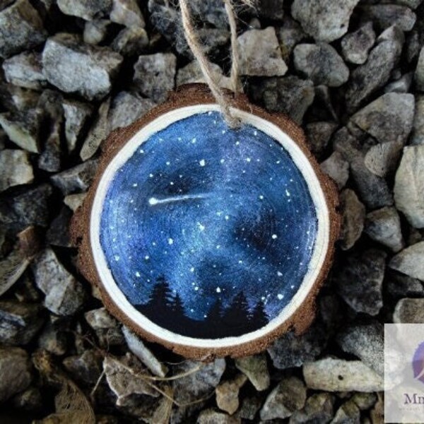 Hand-painted Rustic Wooden Log Slice Hanging Decoration 'Shooting Star'