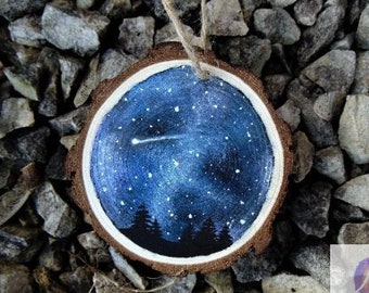 Hand-painted Rustic Wooden Log Slice Hanging Decoration 'Shooting Star'