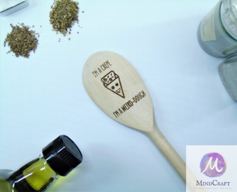 Funny Engraved Wooden Spoon Cooking Utensil Gift for Chefs Bakers Radiohead 'I'm a Crepe, I'm a Weird-Dough' image 3