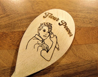 Rosie Riveter Empowering Engraved Wooden Spoon Cooking Utensil Gift for Chefs Bakers 'We Can Do It!' with 'Flour Power'