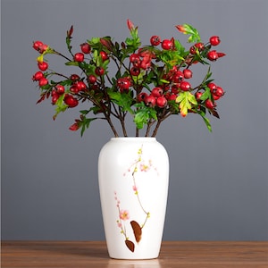 Artificial Hawthorn Fruit Stem, Quality Wild Berry Branch with Foliage, Home Floral Decor, Rustic Garden Greenery, Dining Table Arrangement