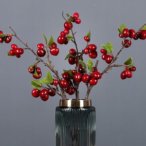 Cherry Branch with Leaves, Fake Berry Stem, Rustic Wild Fruit Craft, Artificial Flowers, Wedding Floral Decor, Living Room Party Arrangement