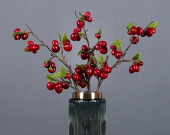 Cherry Branch with Leaves, Fake Berry Stem, Rustic Wild Fruit Craft, Artificial Flowers, Wedding Floral Decor, Living Room Party Arrangement