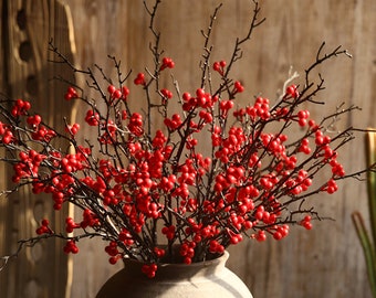 Artificial Holly Stem, Faux Berry Fruit Branch, Fake Dried Twig, Home Floral Decor, Wedding Decoration, Party Arrangement, Table Centerpiece