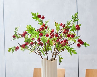 Fake Hawthorn Fruit Branch with Leaves, Rustic Berry Stem, Fall Fruit Craft, Artificial Flower, Home Floral Decor, Wedding Party Arrangement