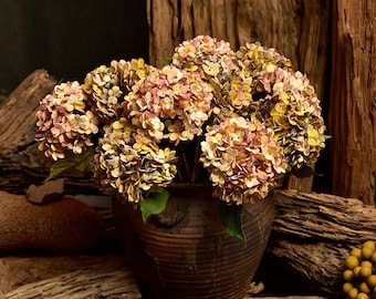 Vintage Hydrangea with Foliage, Artificial Large Flower Stem, Quality Real Touch Spray, Home Floral Decoration, Wedding Party Arrangement