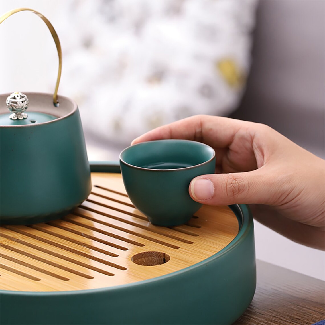 Japanese Dark Green Ceramic Tea Set Bamboo Tea Tray Chinese Etsy