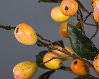 Realistic Loquat with Foliage, Artificial Quality Fruit Branch, Party Floral Decor, Rustic Garden Ornament, Wedding Centerpiece, Vase Filler