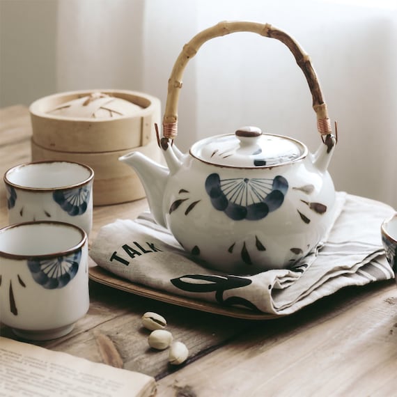 Japanese Ceramic Hand Painted Teapot with Bamboo Handle - The