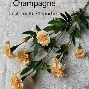 Puede incluir: Un ramo de 7 claveles artificiales de color melocot&oacute;n con tallos y hojas verdes. El ramo mide 80 cm de largo. Las flores est&aacute;n dispuestas sobre un fondo blanco con un patr&oacute;n floral.