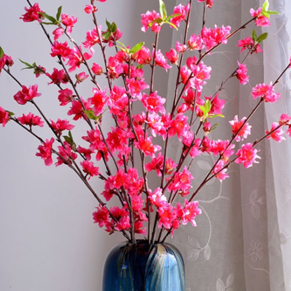 Artificial Plum Blossom with Sprout, Faux Cherry Bloom with Long Stem, Home Peach Flower Decor, Chinese Wedding Party Floral, for Floor Vase