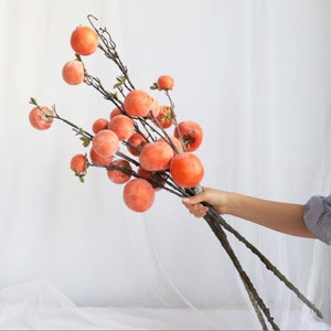 Persimmon with Long Branch, Artificial Fruit Stem , Home Floral Decor, Wedding Flower Arrangement, Floor Vase Filler, Table Centerpiece Pick image 2