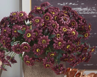 Pequeño tallo de girasol con follaje artificial, decoración de flores de margarita sintética, crisantemos rústicos de primavera, artesanía floral vintage, relleno de jarrón de mesa