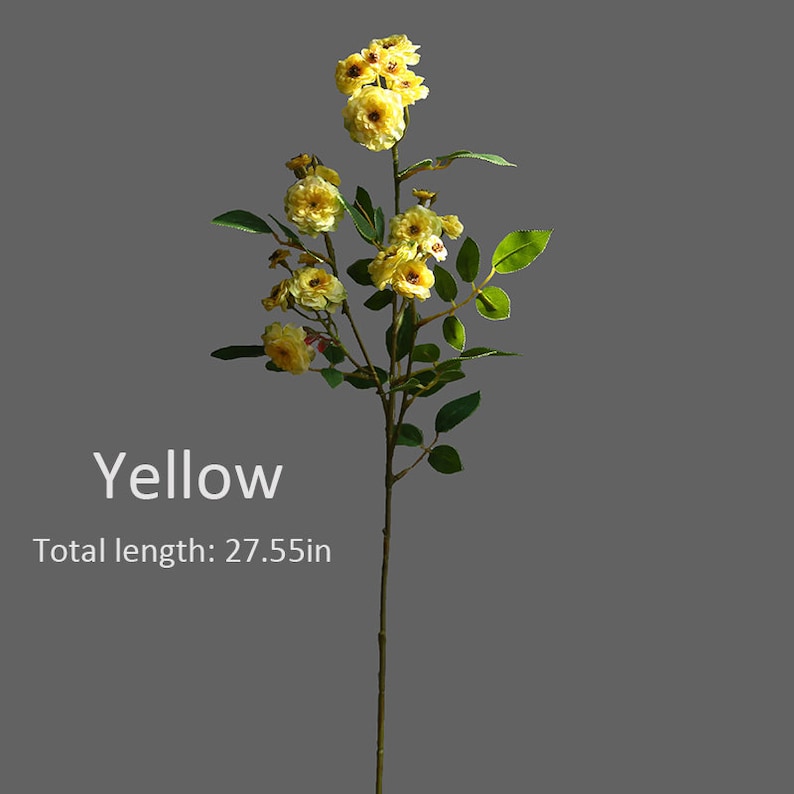 May include: A single stem of artificial yellow roses with green leaves. The stem is 27.55 inches long.  Yellow.