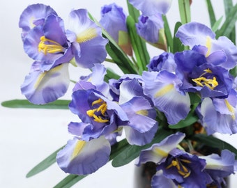 Artificial Iris long Stem, Fake Flower with Foliage, Wedding Floral Decoration, Party Spray Table Centerpiece, Rustic Garden Plant Ornament