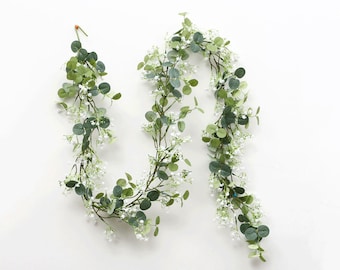 Eucalyptus Leaves Vine with Small Flowers Artificial, Climbing Long Plant for Arch Wreath Garland, Wedding Arrangement, Indoor Outdoor Decor