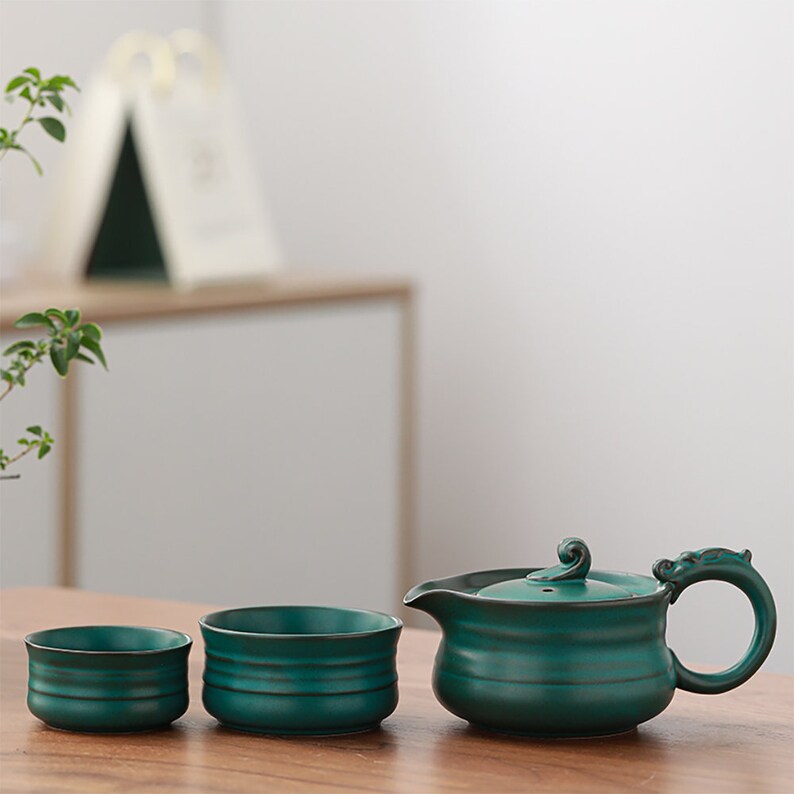 Japanese Dark Green Ceramic Tea Set Ceramic One Pot Two Cup Etsy
