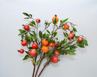 Artificial Pomegranate Branches, Faux Red Orange Fruit Stem, Rustic Fall Vase Filler for Wedding Home Decor