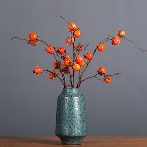 Künstlicher Persimmon langer Ast, Hochwertiges Obst mit Froststiel, Herbst Pflanzendekoration, Rustikaler Blumenschmuck, Partytisch Mittelstück