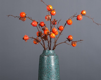 Artificial Persimmon Long Branch, Quality Fruit with Frost Stem, Fall Plant Decoration, Home Rustic Floral Ornament, Party Table Centerpiece