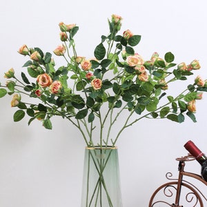 Artificial Small Rose Bud Stem Fake Camellia Flower with Foliage Home Floral Decoration Wedding Party Plant Arrangement Bouquet DIY Material