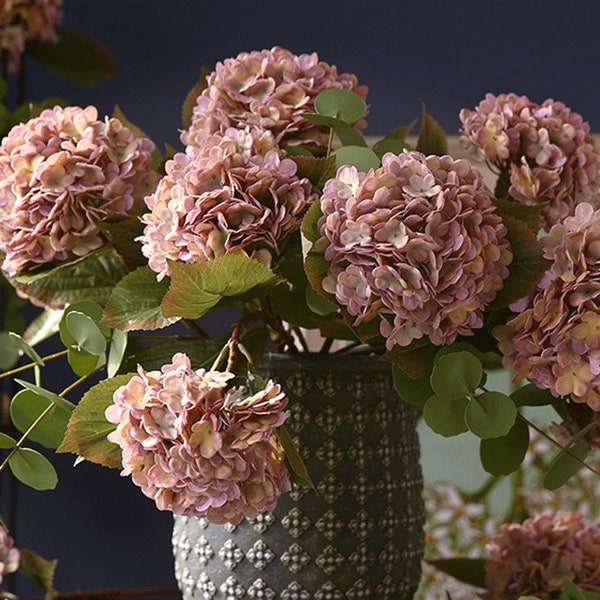 Vintage hortensia met gebladerte, kunstmatige bloem individuele stengel, real touch bloemblad, woonkamer bloemendecoratie, partij bloei centerpiece