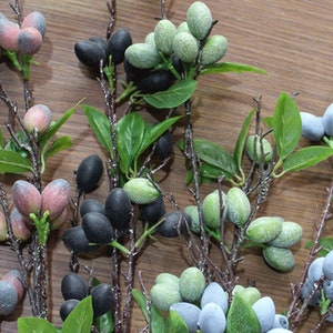 May include: A bunch of artificial berry sprigs with green leaves. The berries are in various colors, including black, green, blue, and pink.