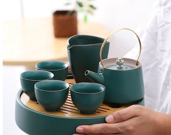 Japanese Dark Green Ceramic Tea Set Bamboo Tea Tray Chinese Ceramic Tea Set Kung Fu Tea Set Tea Lovers Gift Green Teapot Teacup Tea Tray