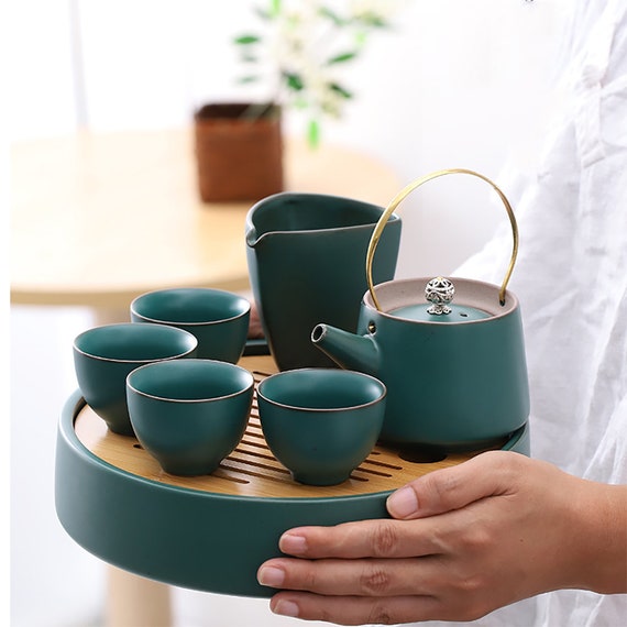 Japanese Dark Green Ceramic Tea Set Bamboo Tea Tray Chinese