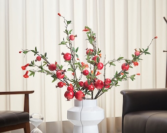 Fake Pomegranate Long Branch with Flower and Leaves, Rustic Fruit Craft, Home Floral Decor, Artificial Berry Stem, Wedding Party Arrangement