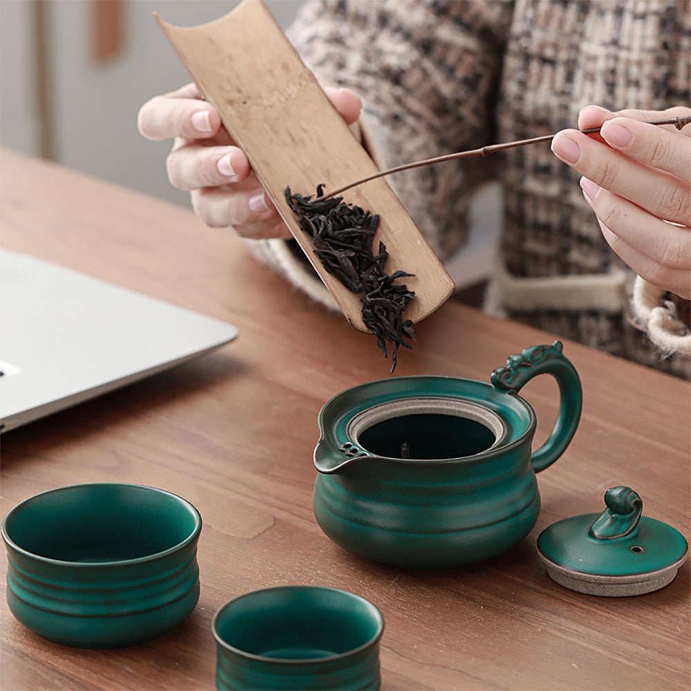 Japanese Dark Green Ceramic Tea Set Ceramic One Pot Two Cup Etsy UK