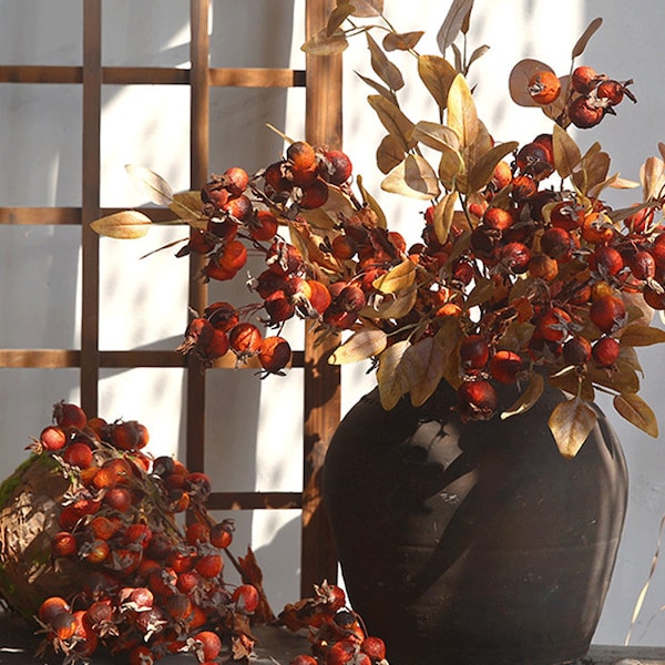 Tige d'églantier artificielle, fausse branche de petits fruits séchés, ornement de fruits rustique automnal, décoration florale vintage pour la maison, fausse composition florale pour fête