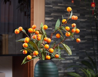 Loquat Fruit Branch with Foliage, Fake Berry Crafts, Rustic Wild Fruit Stem, Artificial Flowers, Home Floral Decor, Party Centerpiece, Gift