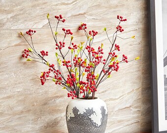 Holly Fruit Long Branch with Leaves, Rustic Fall Berry, Small Fruit Crafts, Artificial Flowers, Home Floral Decor, Wedding Centerpiece, Gift