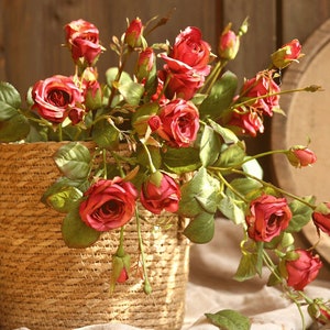 Artificial Rose Stem with Bud, Quality Flower and Foliage, Vintage Home Floral Decor, Rustic Party Arrangement, Wedding Bouquet Arch Spray