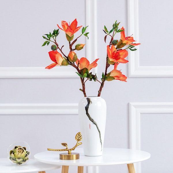 Artificial Kapok Flower with Bud, Realistic Silk Cotton Bloom, Bombax Ceiba Blossom, Chinese Home Floral, Wedding Party Spray Arrangement