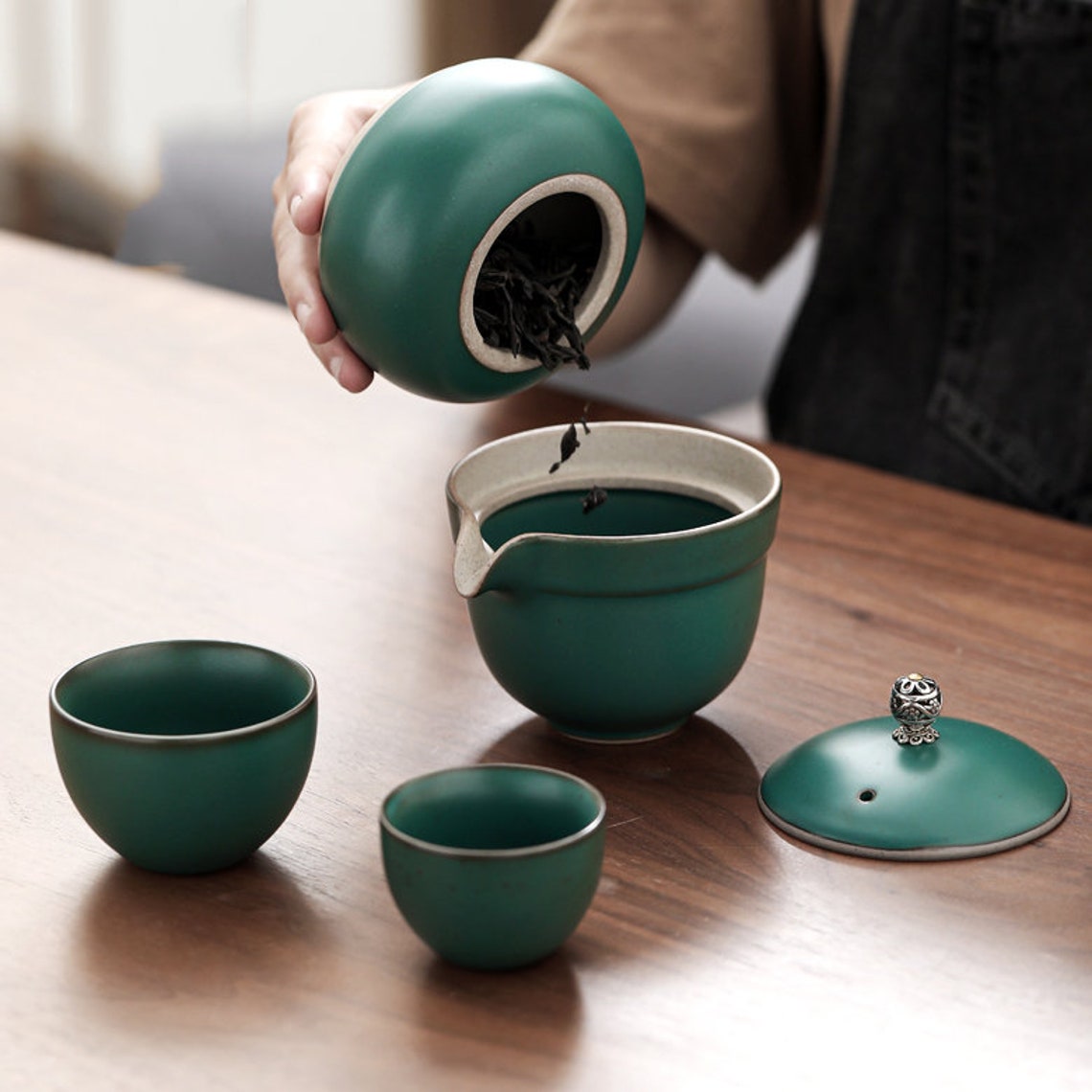 Dark green ceramic tea set portable travel tea set one pot Etsy