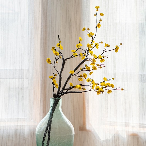 Plum Blossom with Long Branch, Artificial Peach Flower and Bud, Chinese Zen Floral, Home Spray Decor, Wedding Arrangement, Party Centerpiece