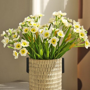 Fake Daffodils Flowers with Leaves, Narcissus Stem Craft, Artificial Flower, Home Floral Decor, Wedding Arrangement, Bloom for Bouquet, Gift