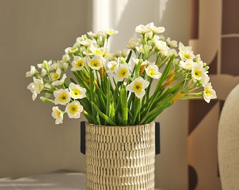 Fake Daffodils Flowers with Leaves, Narcissus Stem Craft, Artificial Flower, Home Floral Decor, Wedding Arrangement, Bloom for Bouquet, Gift