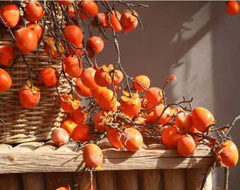 Artificial Persimmon Stem, Quality Fruit Branch, Chinese Home Floral Decor, Fall Harvest Arrangement, Rustic Flower Ornament, for Floor Vase