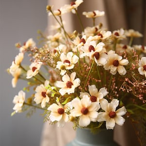 Vintage Gerbera Bouquet with Wild Grass, Artificial Daisy Bundle and Bud, Home Faux Flower Arrangement, Rustic Wedding Party Floral Decor