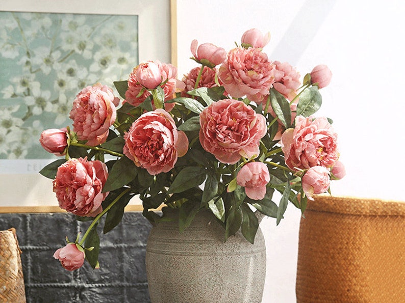 Faux Peony Stem with Bud, Artificial Flower Craft, Vintage Home Floral Decor, Wedding Party Bloom Arrangement, Dining Table Centerpiece Gift image 1