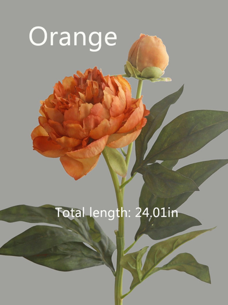 Faux Peony Stem with Bud, Artificial Flower Craft, Vintage Home Floral Decor, Wedding Party Bloom Arrangement, Dining Table Centerpiece Gift Orange