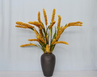 Faux Foxtail Millet Stem, Golden Grain Grass Branch with Green Leaves, Rustic Farmhouse Fall Harvest Floral Decor, Home Flower Centerpieces