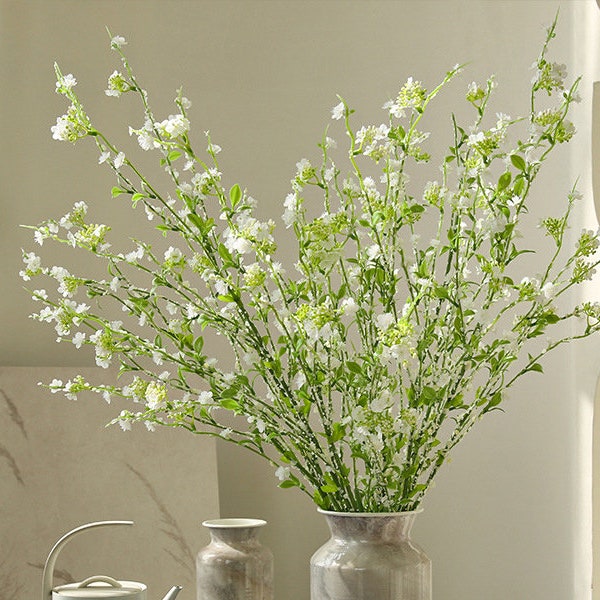 Snow Willow Long Branch with Tender Leaves, White Blossom Spray, Artificial Flower Craft, Home Floral Decor, Wedding Arrangement Centerpiece