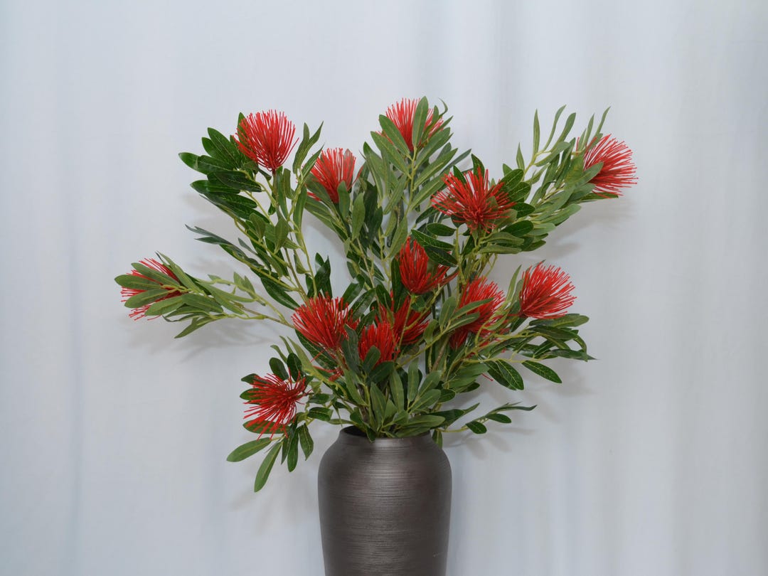 Faux Bottlebrush Branch With Leaves, Artificial Callistemon Flower