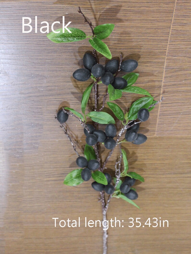 May include: Black artificial olive branch with green leaves and black berries. Total length: 35.43in.